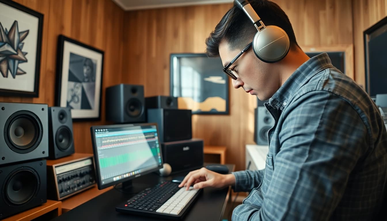Master audio engineer working with online audio mastering tools in a modern studio.