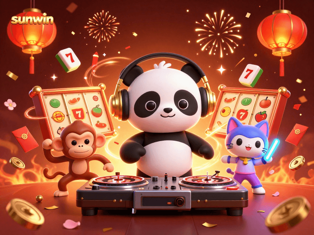 Experience the excitement of sunwin with a DJ panda, breakdancing monkey, and glowing kitten in a vibrant casino scene.