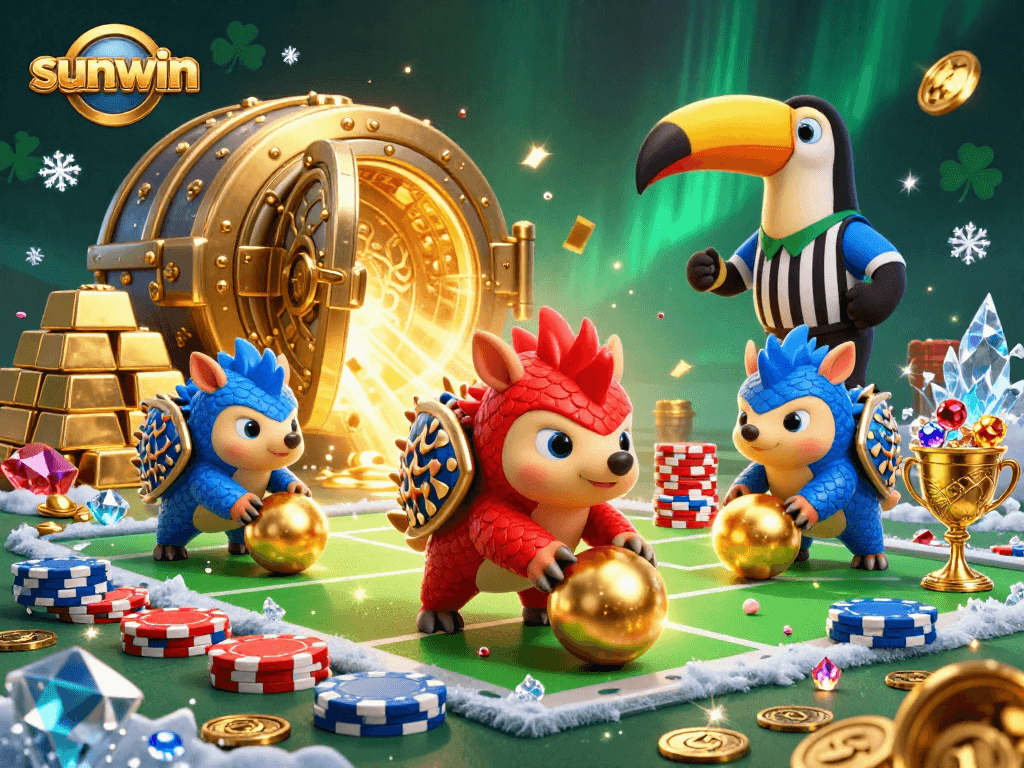 Experience the excitement of sunwin as pangolins bowl through poker chips in a vibrant casino scene.