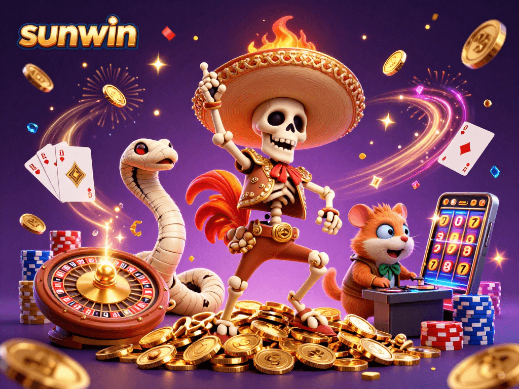 Experience the excitement at sunwin with a lively 3D casino scene featuring animated characters.