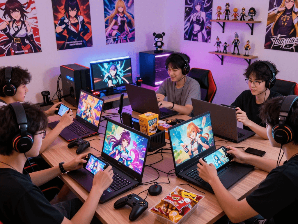 Engaging players enjoying various hentai games on mobile and laptops, highlighting gaming culture and camaraderie.