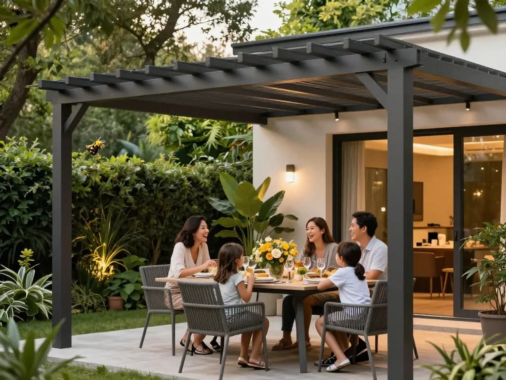 Family enjoying dinner under a stylish pergola configurator in a serene garden setting.