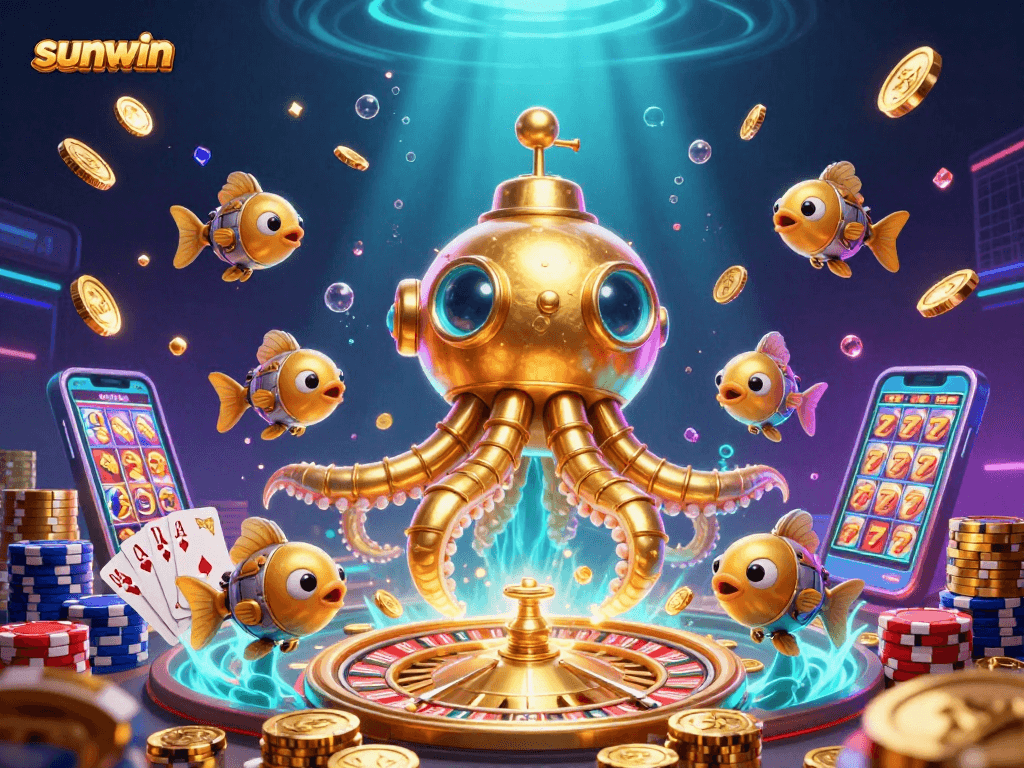 Experience the thrilling sunwin casino adventure with vibrant characters amidst swirling golden coins.