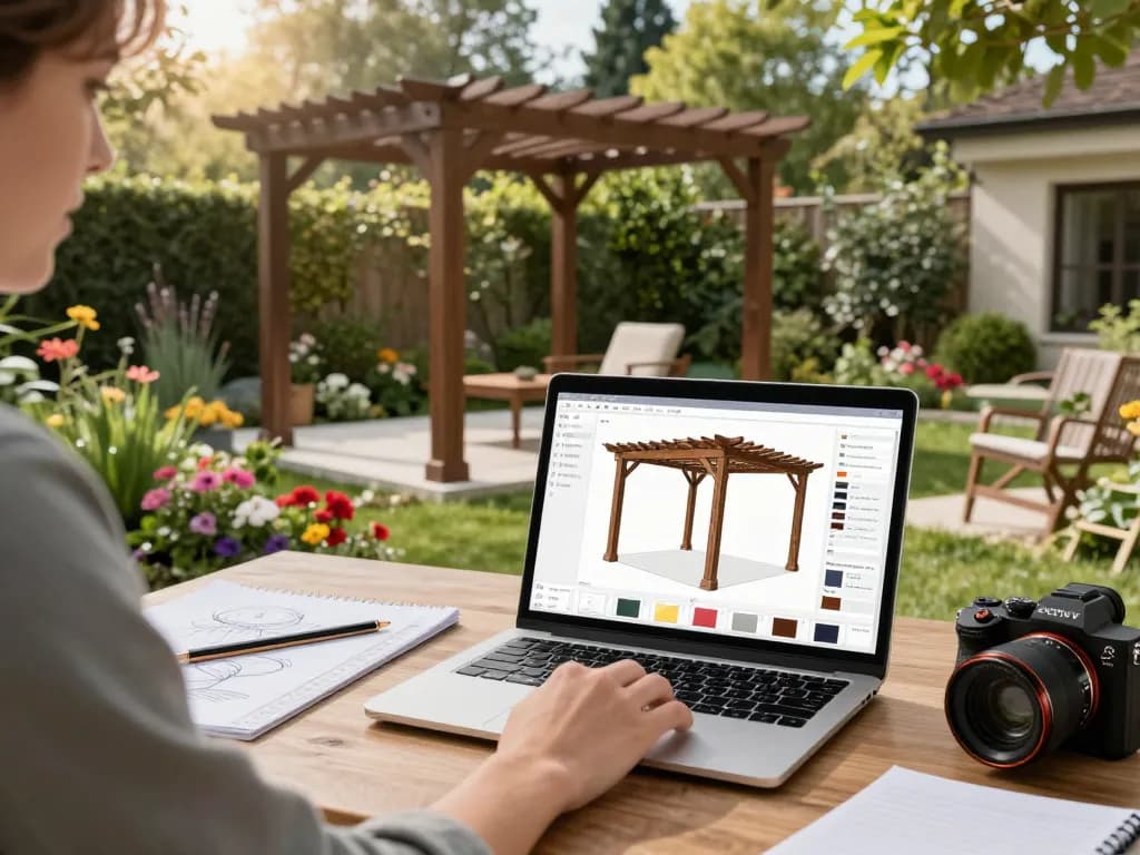 Utilizzando il configuratore pergole 3D per progettare una pergola personalizzata in un vivace contesto di giardino, mostrando creatività all'aperto.
