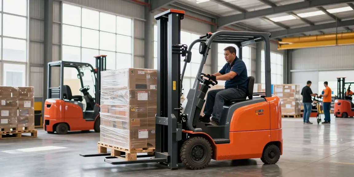Electric lift stacker in action lifting pallets in a bright warehouse setting.