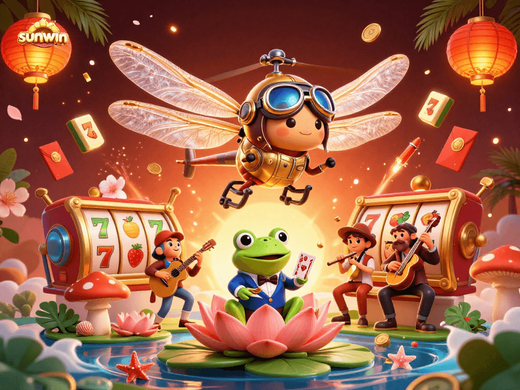 Experience thrilling wins with sunwin at a vibrant lily pad casino featuring a lively dragonfly and frog dealer.