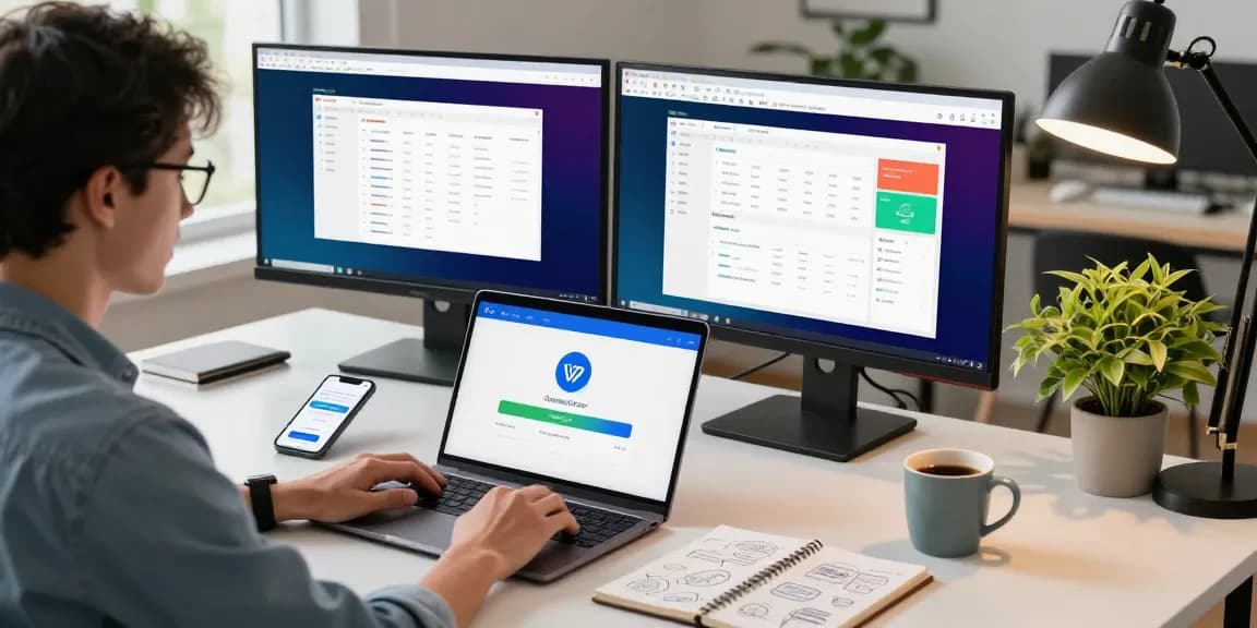 WPS Download process on a modern workspace with productivity tools and a laptop.