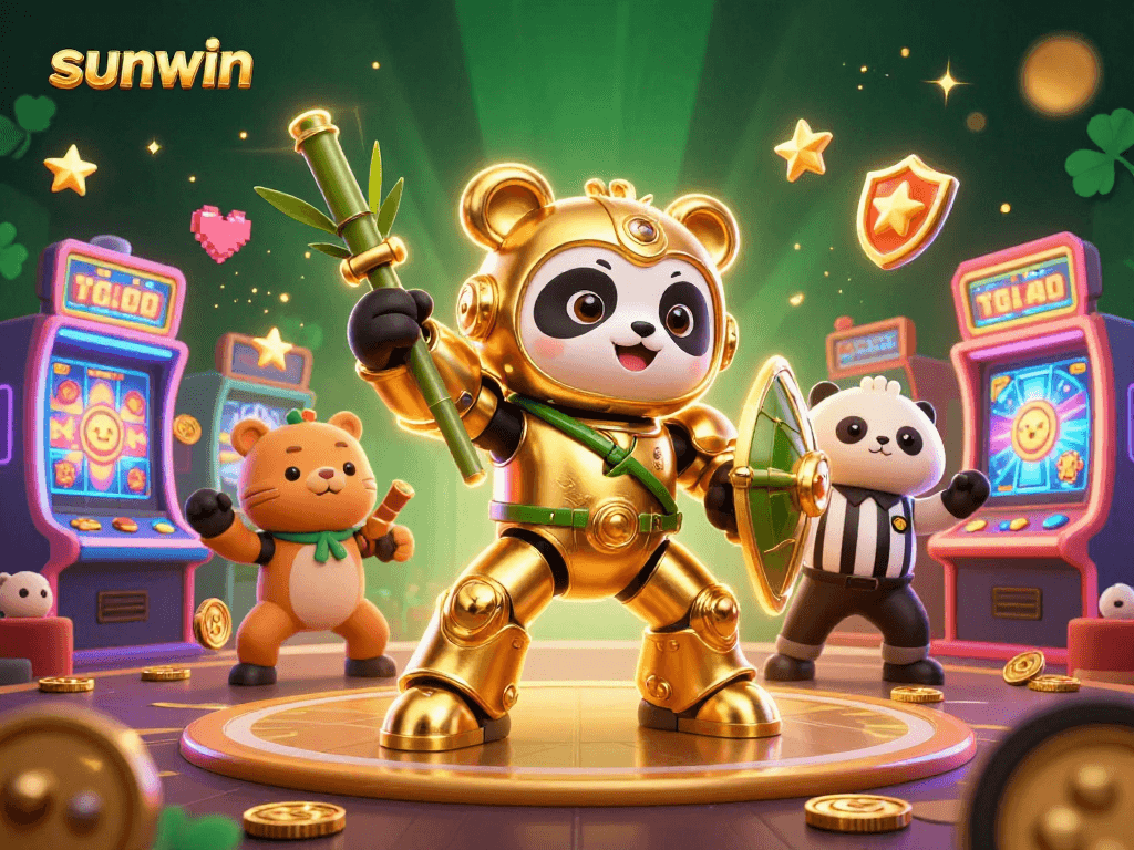 Engage with sunwin in this vibrant casino-themed 3D illustration featuring a golden panda mech.