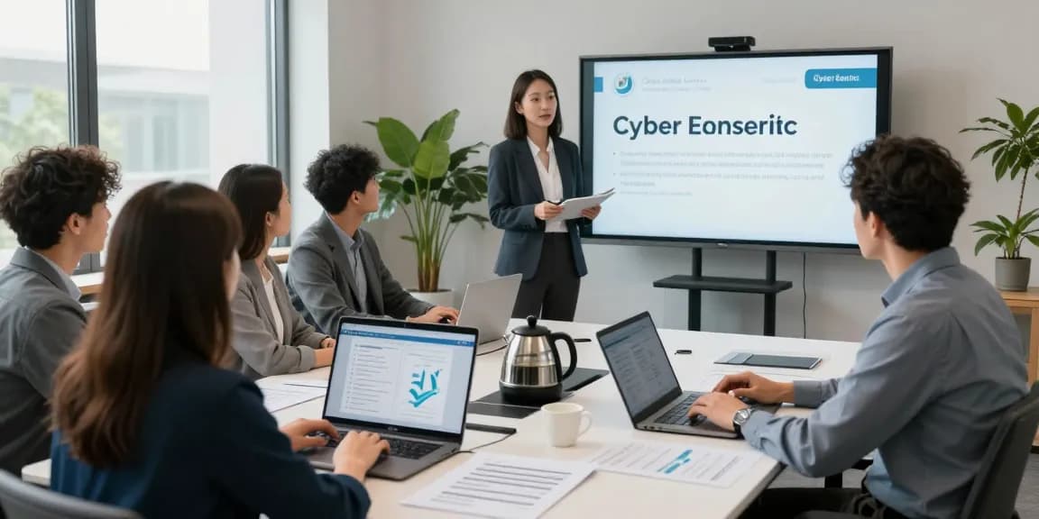 Understanding how to get cyber essentials certified in a professional office setting, showcasing a cybersecurity consultant presenting to a team.