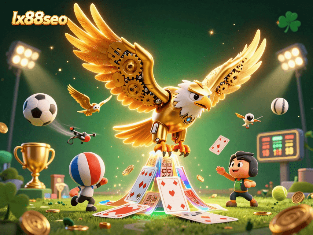 Win big at LX88SEO with a captivating scene of a cybernetic eagle amidst sports elements in an exciting casino setting.