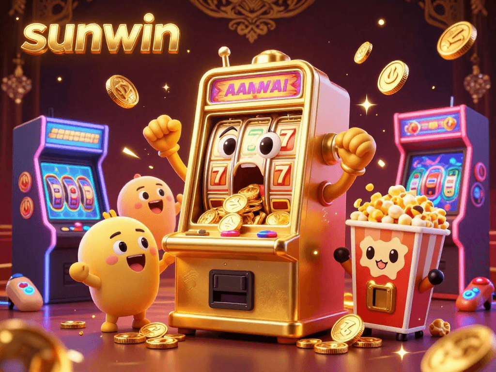 Experience the excitement of sunwin with golden slots overflowing coins in a vibrant 3D casino scene.
