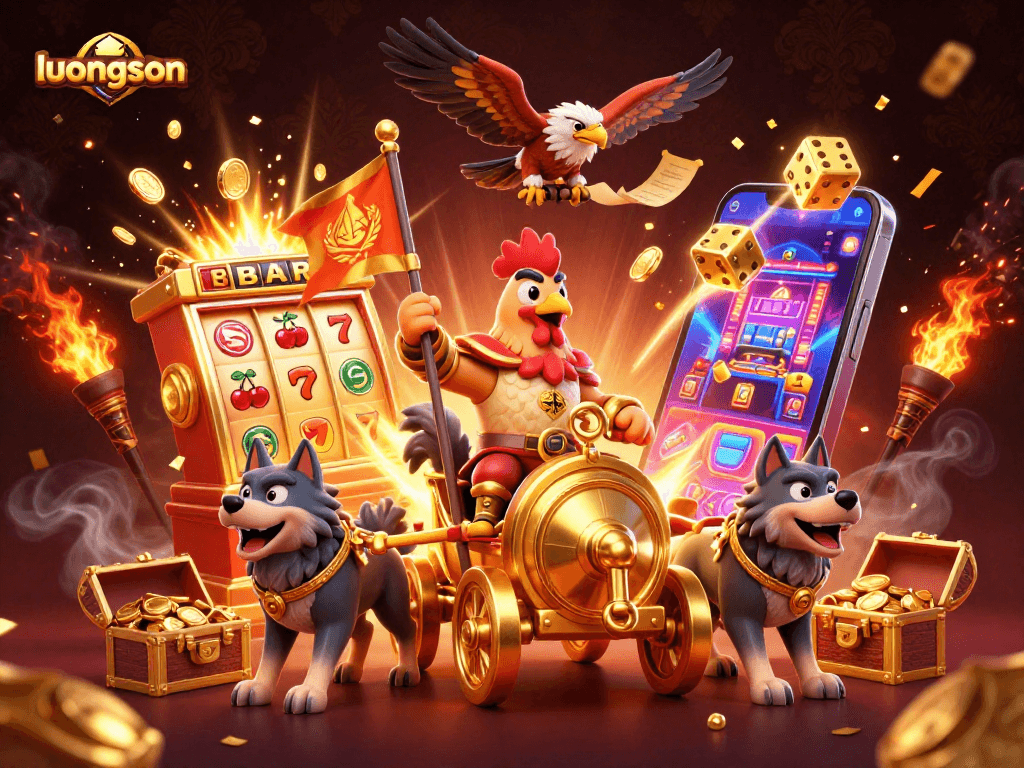 Experience thrilling gameplay with luongson's dynamic 3D casino illustration, showcasing epic characters and game elements.