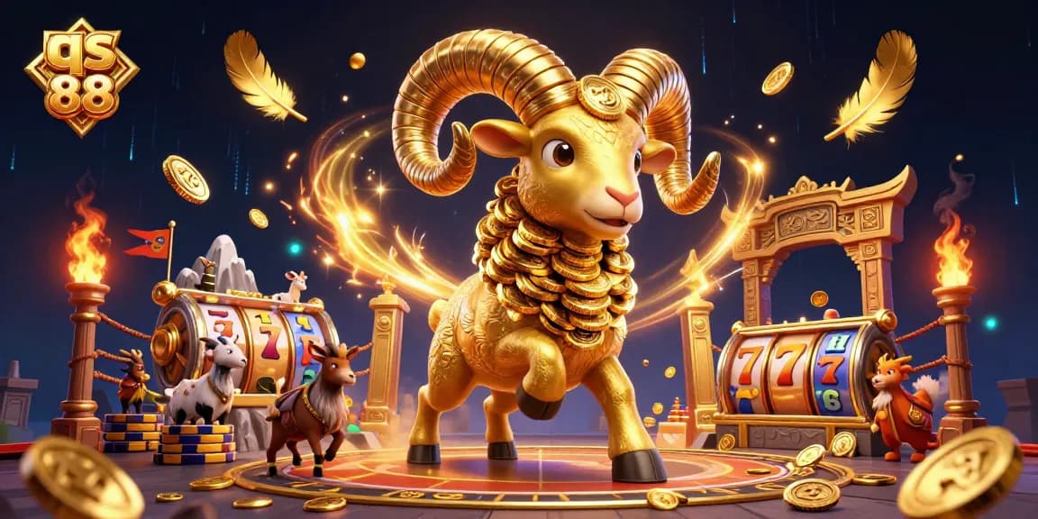 Experience thrilling qs 88 slot adventures with a golden ram charging through a vibrant casino arena.