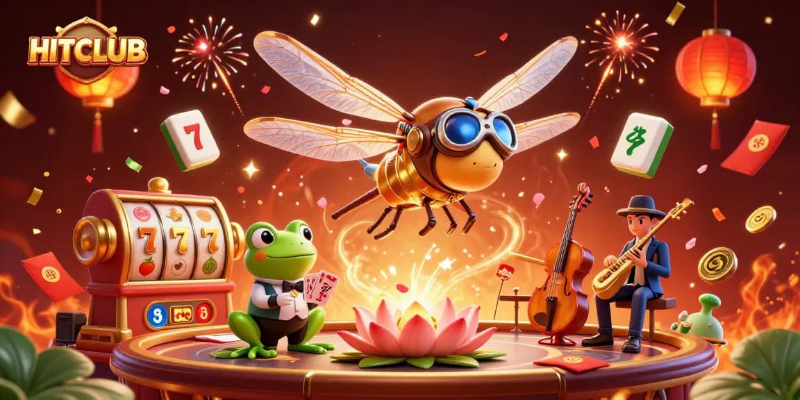 Experience dynamic gaming at HITCLUB with a vibrant casino scene featuring a dragonfly pilot and frog dealer.