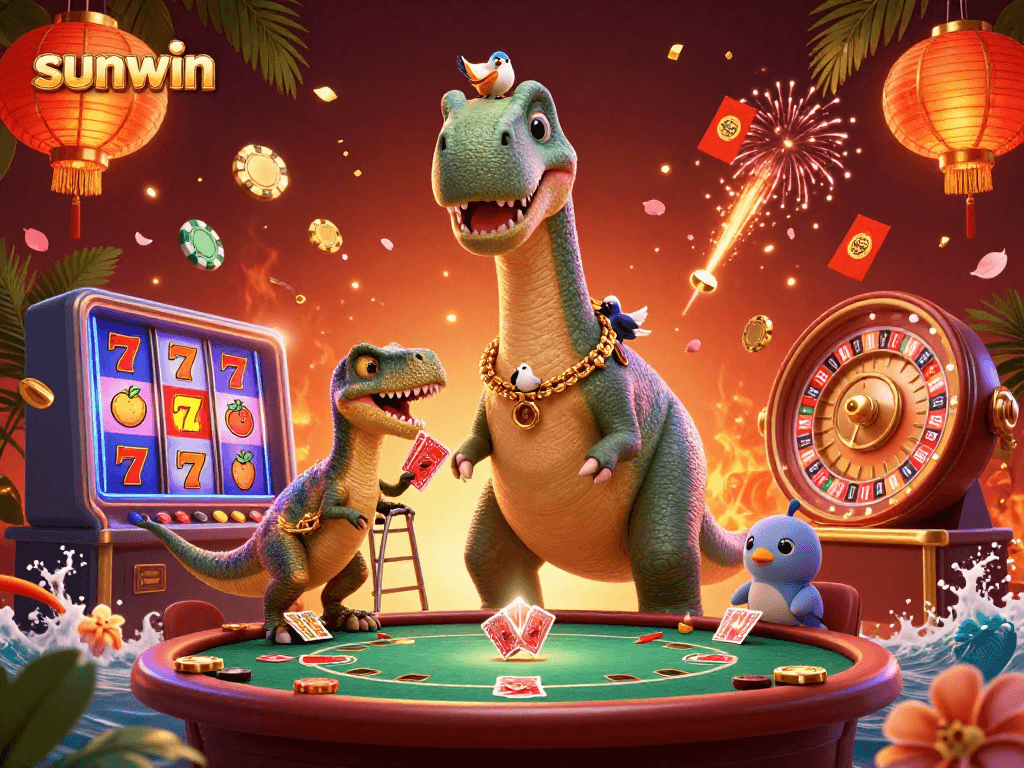 Sunwin features an imaginative casino scene with a giant brontosaurus and active gameplay elements.