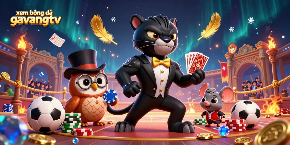 Bet on xem bóng đá gavangtv with the stylish panther dealer in a dynamic casino scene full of sports excitement.