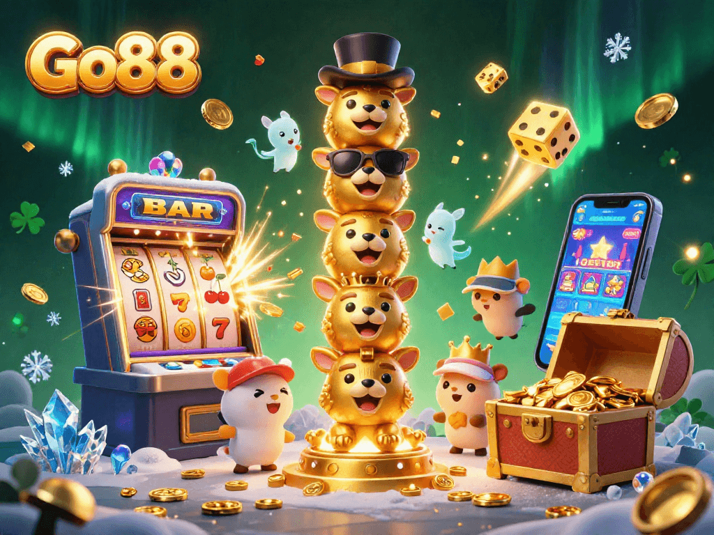 Experience the thrill of Go88 with a vibrant depiction of an animated casino scene including a jackpot-winning slot machine and colorful game elements.
