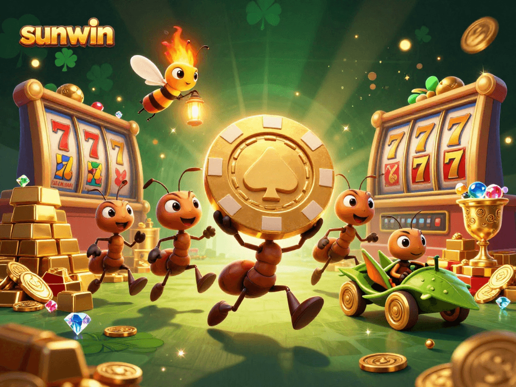 Engaging scene of ants in a heist with a giant poker chip for sunwin casino, showcasing dynamic slot elements.