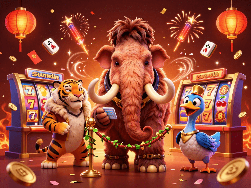 Experience the excitement of the sunwin casino with vibrant characters, spinning slot reels, and dynamic festive elements.