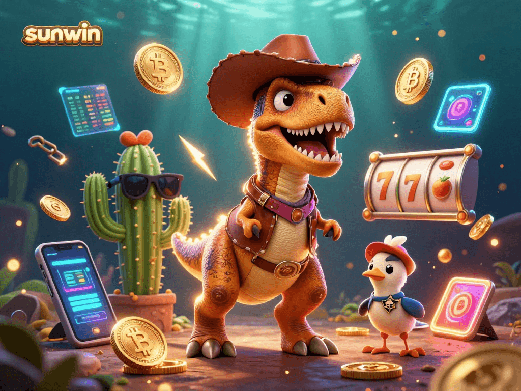 Join the sunwin adventure as a cowboy dinosaur spins slots underwater with crypto treasures!