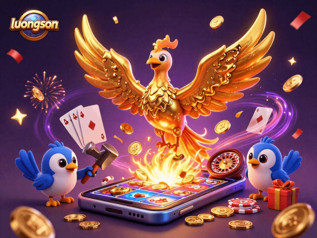 Experience thrilling gaming action with luongson, witnessing a molten phoenix and fun casino elements.