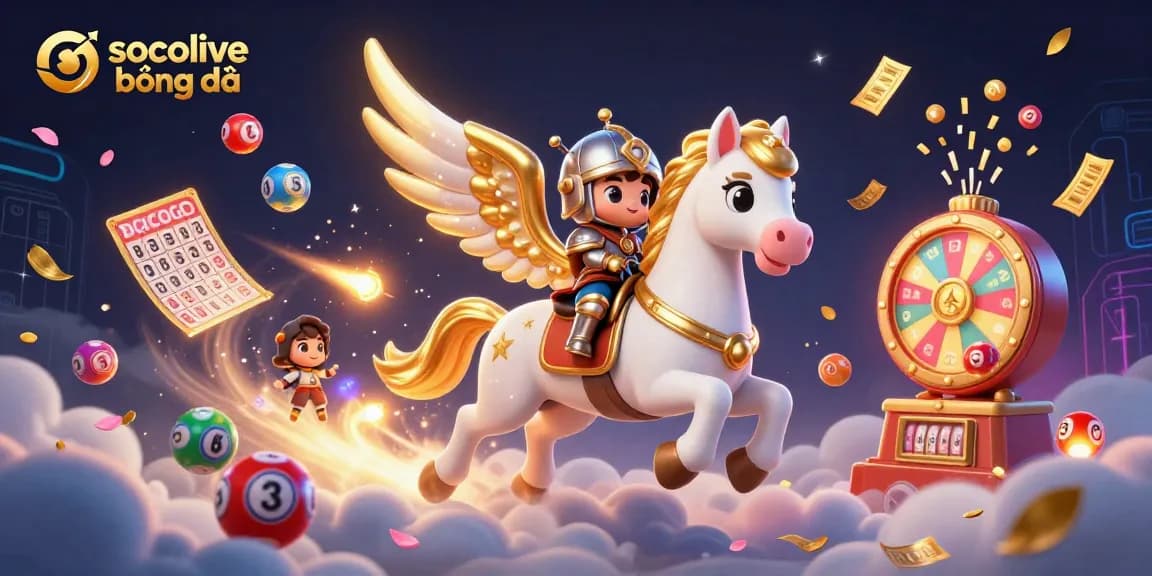 Socolive bóng đá features an animated knight riding a celestial horse, amidst colorful lottery elements.
