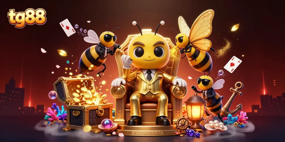 Tg88 brings vibrant gaming action with a mob boss bumblebee and thrilling treasures in this 3D casino scene.