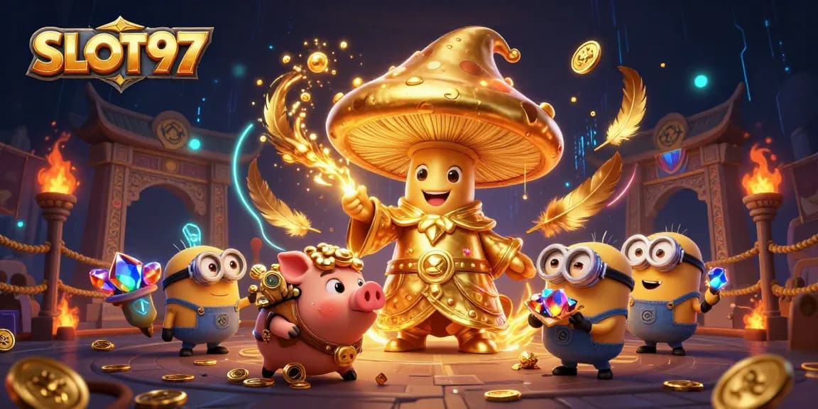 SLOT97's vibrant 3D illustration showcases a magical wizard and treasure-hunting pig in a dynamic casino scene.