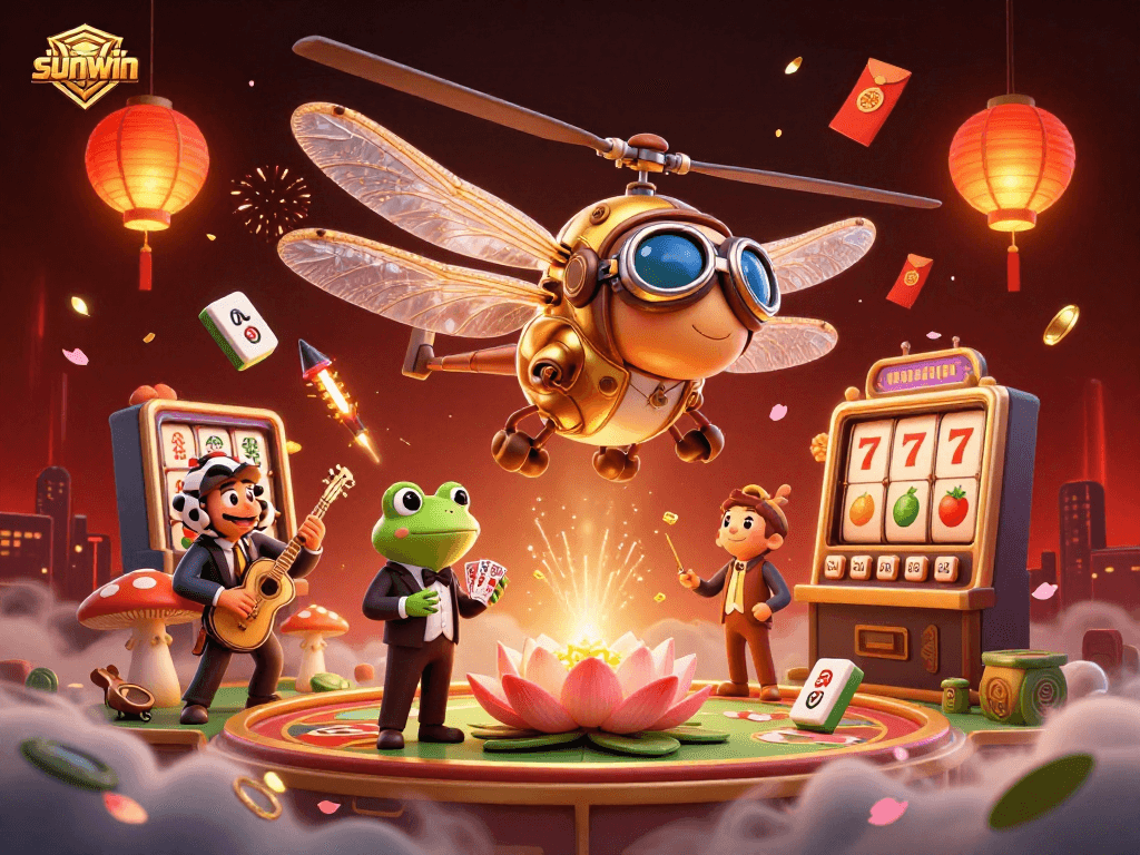 Engage in the winnings at sunwin with a vibrant casino scene featuring fun characters and lively games.