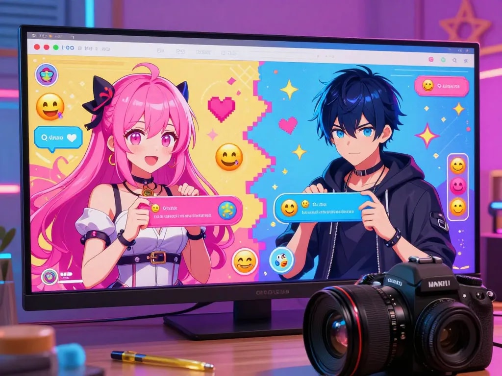 Engaging scene of characters in hentai AI chat, showcasing vibrant avatars and dynamic digital interactions, inviting users into playful conversations.