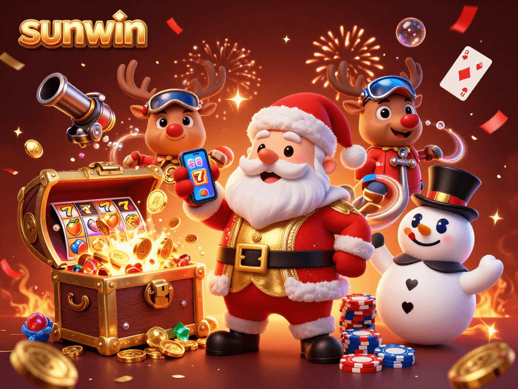 Win big with sunwin in this vibrant 3D casino scene featuring Santa, reindeer, and a snowman!