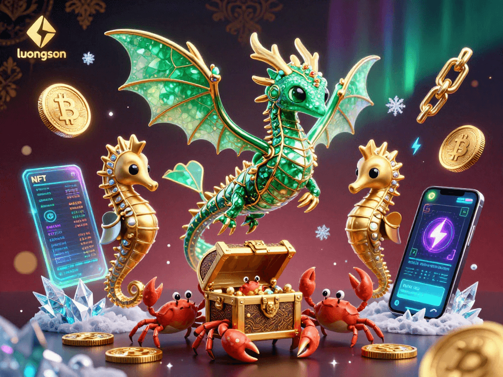Experience exciting gameplay with luongson, featuring a vibrant sea dragon and glowing cryptocurrency elements.