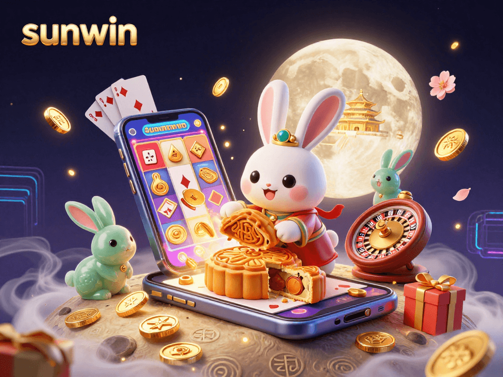 Experience thrilling gameplay at sunwin with vibrant slot machines and festive moon rabbits.