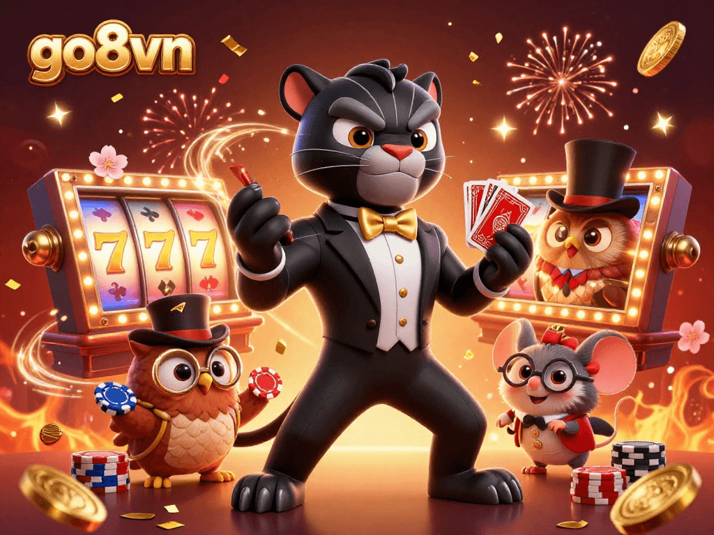 Experience thrilling slots at go8vn with a stylish panther dealing cards among lucky symbols.