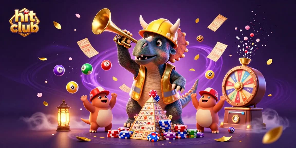 Engage with hit club gaming as triceratops celebrates a jackpot win surrounded by colorful lottery elements.