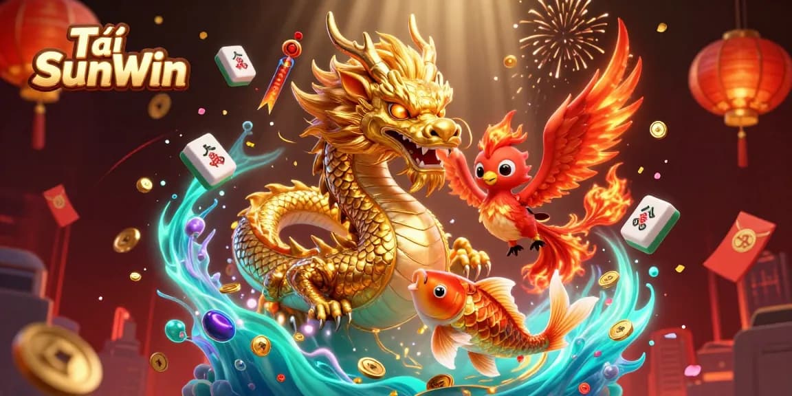 Tải SunWin offers a vibrant gaming experience with a fierce dragon, phoenix, and koi amidst gold coins and festive decorations.