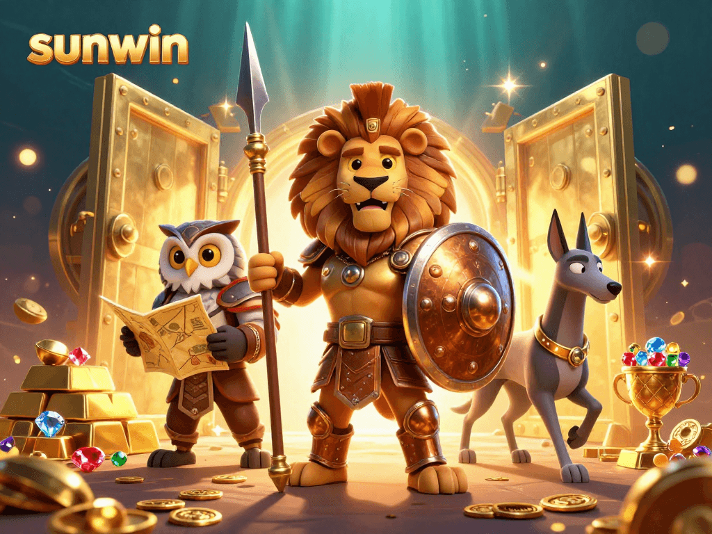 sunwin showcasing a dynamic casino scene with characters amid treasure and gold coins