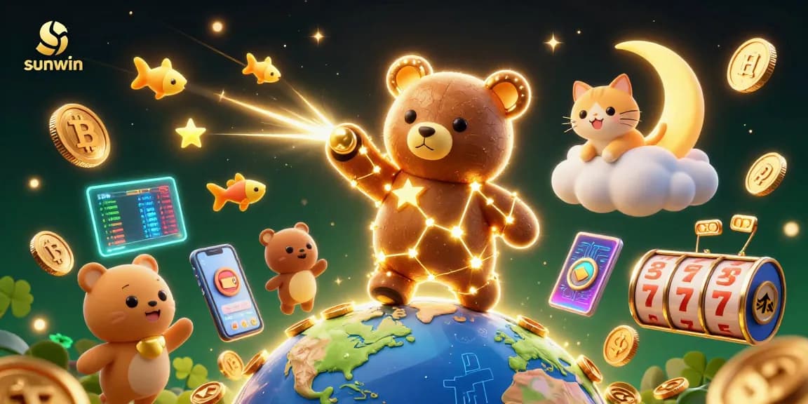 Winning big at sunwin with a cosmic bear and shooting stars in a vibrant casino world