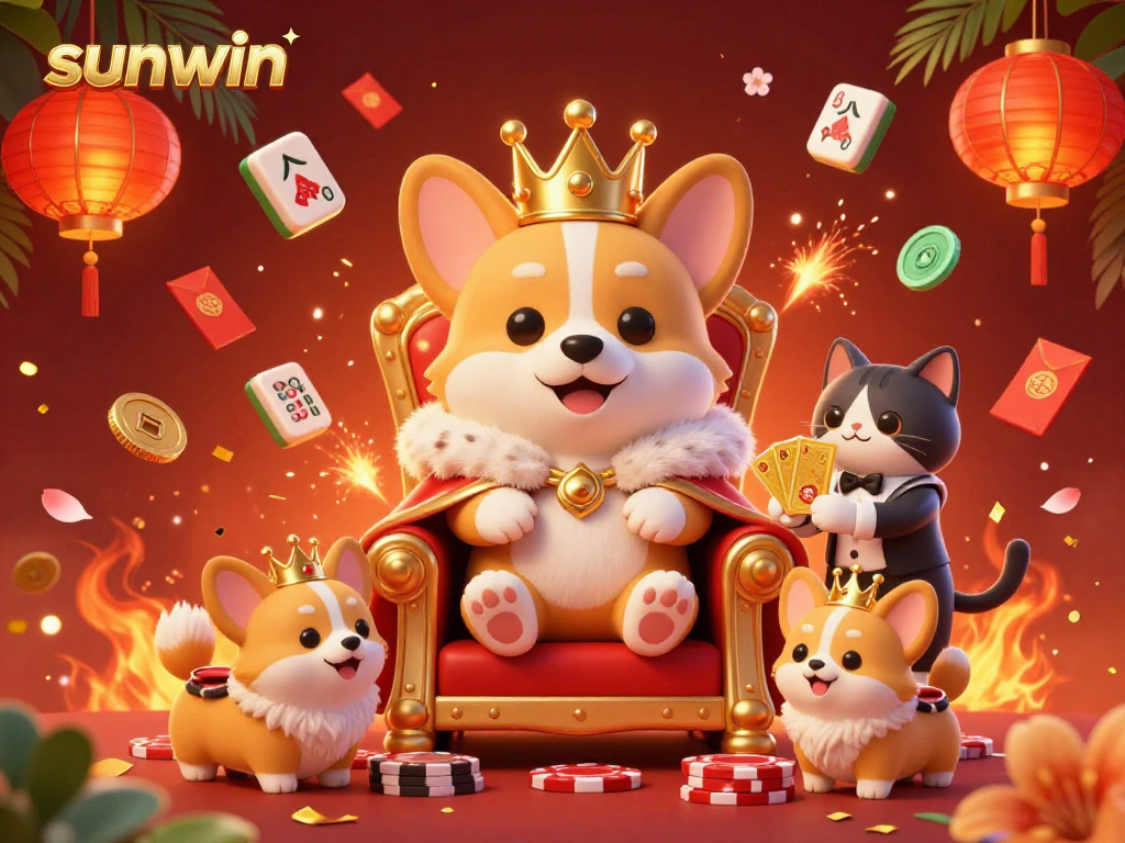 Experience winning at sunwin with this vibrant, dynamic casino illustration featuring a royal corgi and lucky elements.