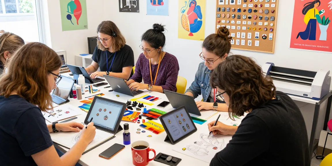 Crew designing custom pins in a bright workshop with tools and inspiration