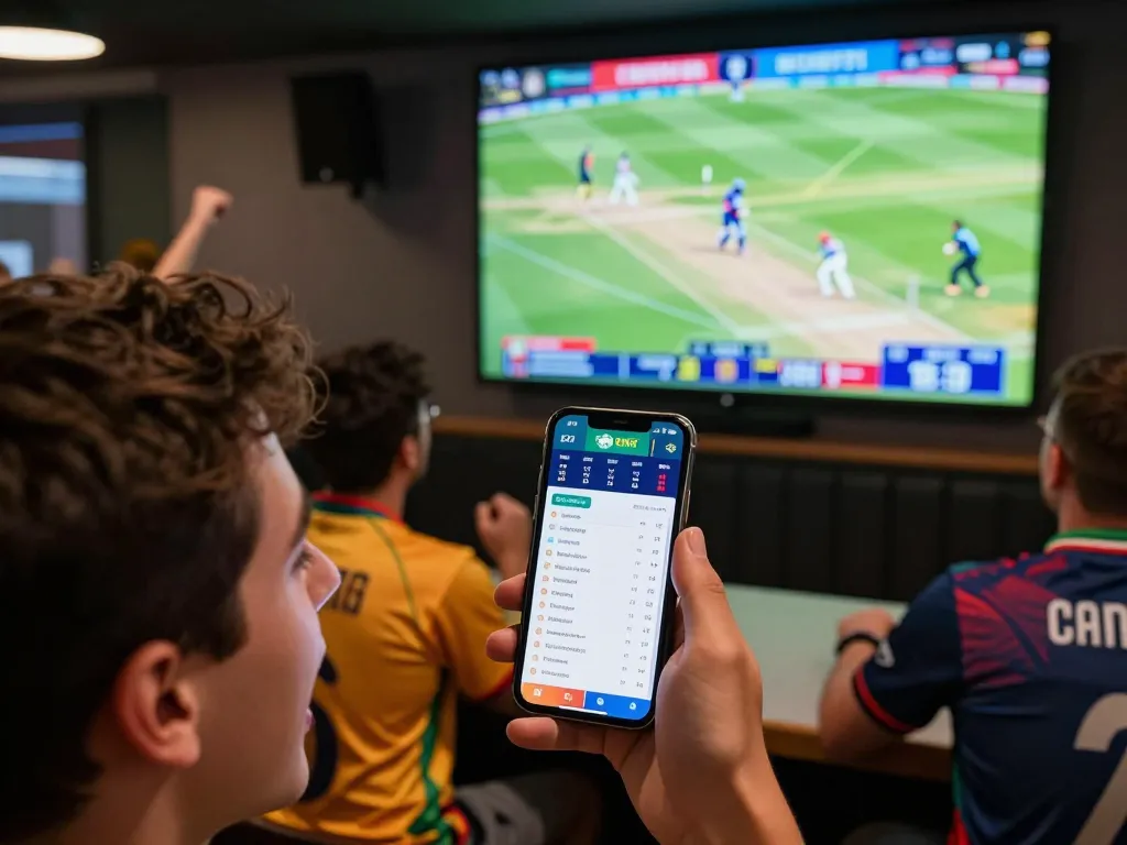Person engaging in live cricket betting on crickex app while watching a game, showcasing excitement and strategy.