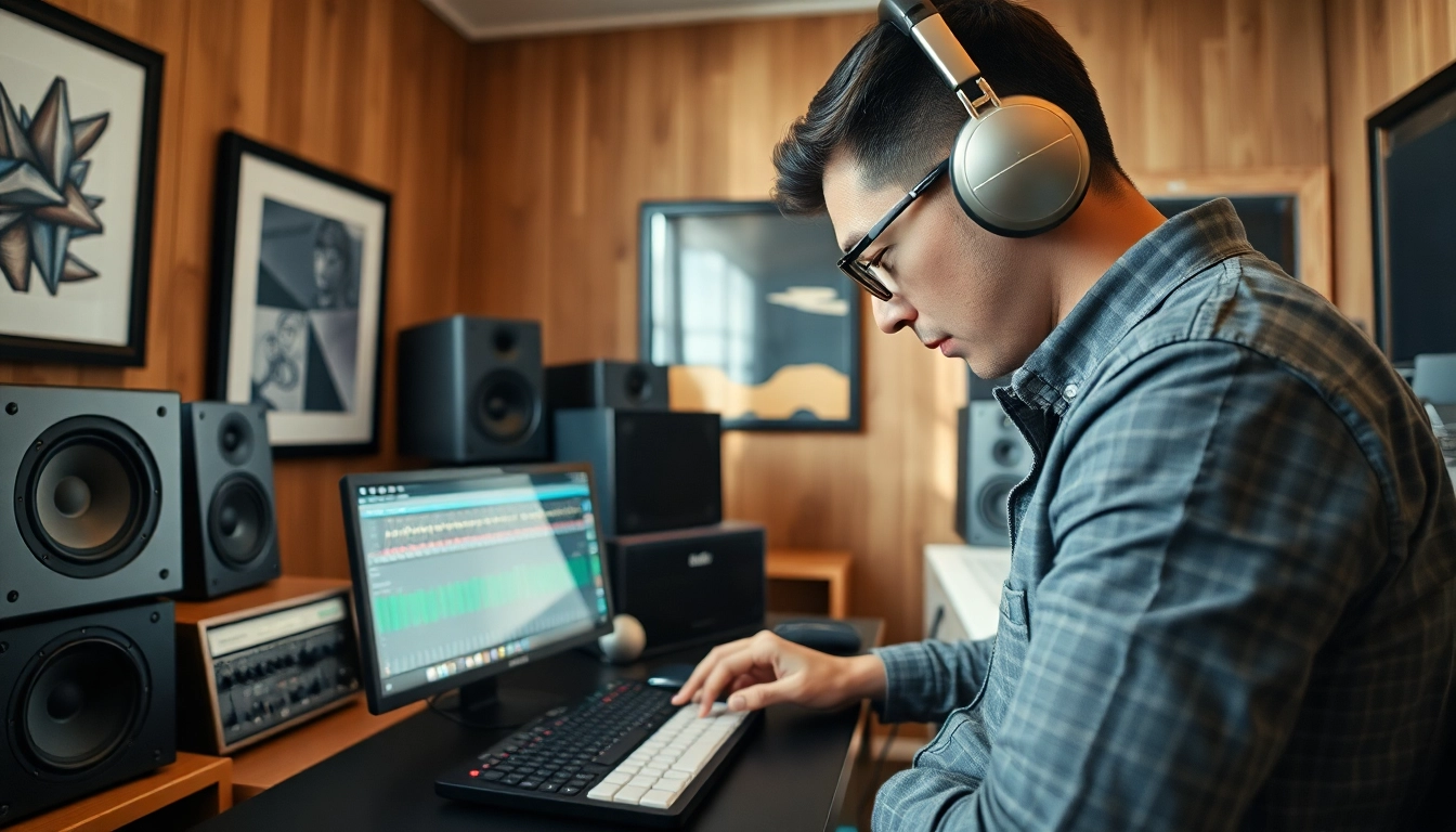 Master audio engineer working with online audio mastering tools in a modern studio.