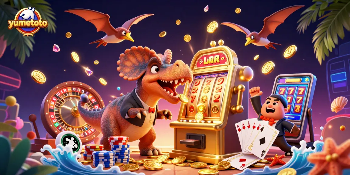 Experience the thrill of yumetoto with a pachycephalosaurus hitting a jackpot on a golden slot machine.