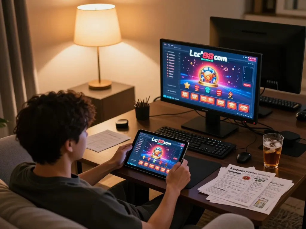 Engaged player exploring lc88 com casino games on a tablet in cozy home environment.
