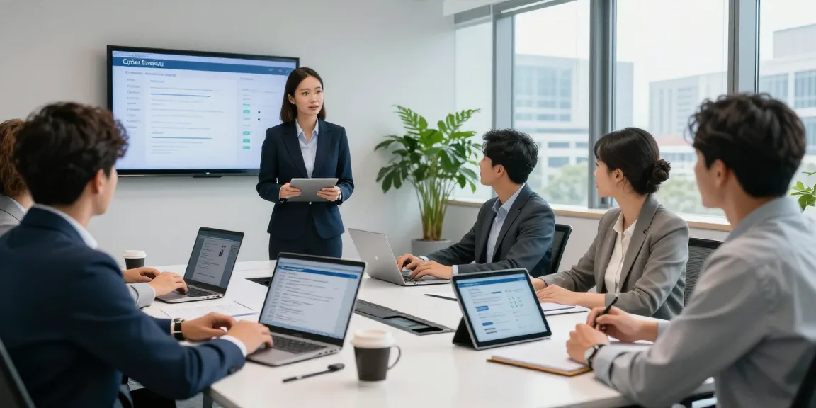 Cyber Essentials assessor guiding a team through compliance metrics in a modern office.