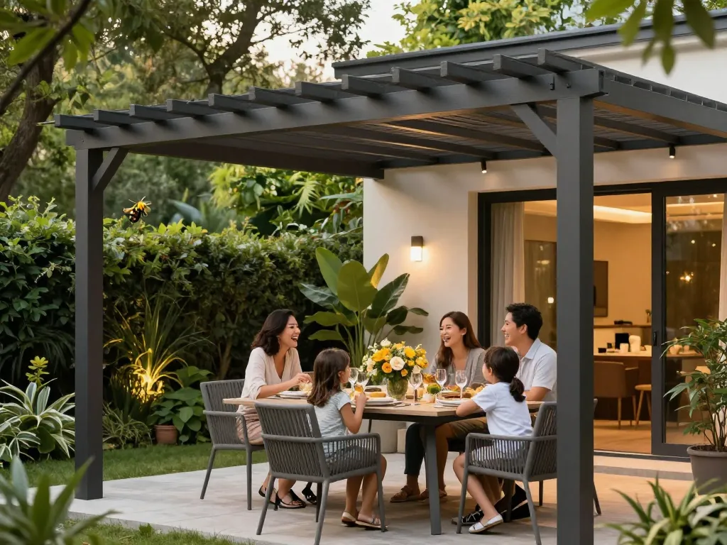 Family enjoying dinner under a stylish pergola configurator in a serene garden setting.