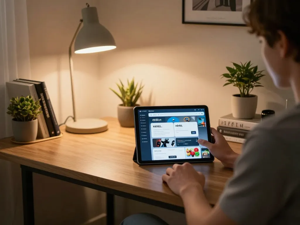 Engaging online gaming session on nk88.com with tablet user in cozy home office.