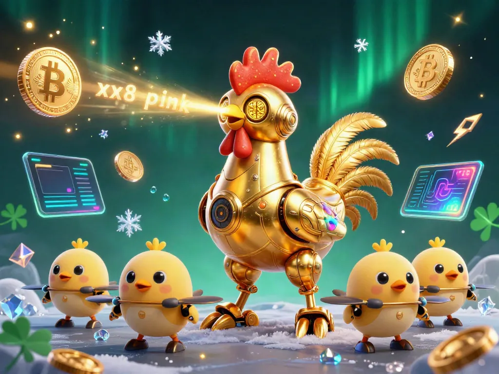 Experience the thrill of xx8 pink with golden rooster robot and flying drones amidst cryptocurrency elements.