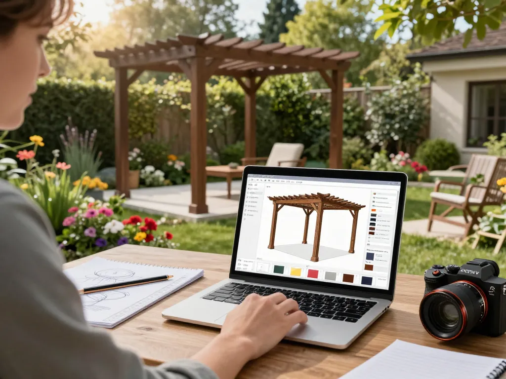 Utilizzando il configuratore pergole 3D per progettare una pergola personalizzata in un vivace contesto di giardino, mostrando creatività all'aperto.
