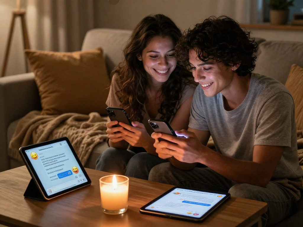 Couple engaging in romantic sexting ai on smartphones in a cozy setting.
